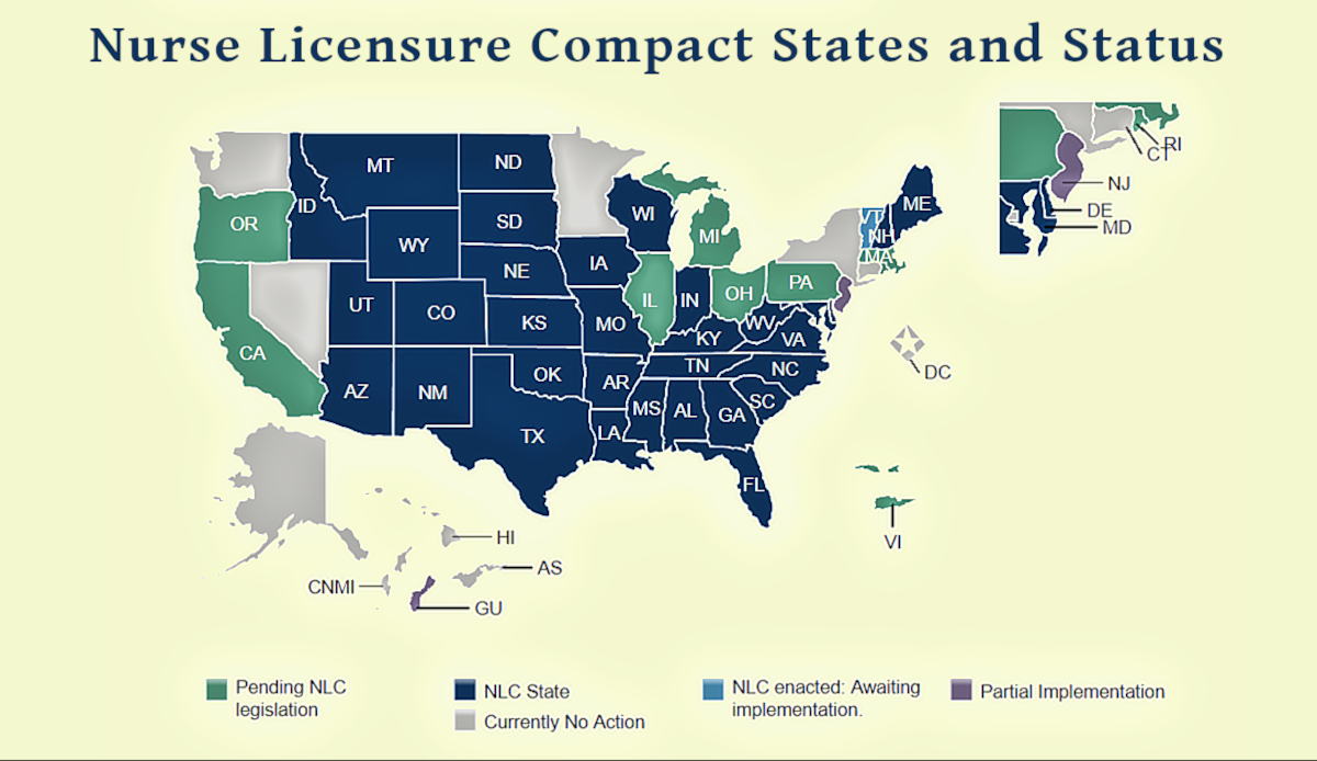 Nurse Licensure Compact states as of June 2021.