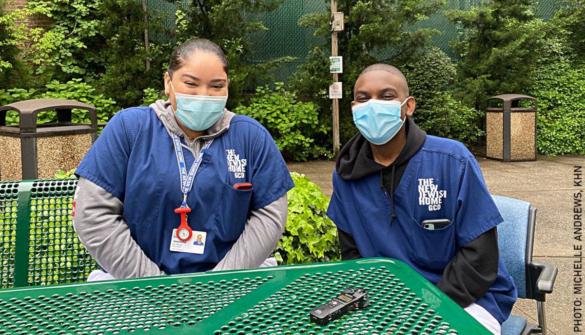 Jasmine De Moya (left) and Kennedy Johnson volunteered at a New Jewish Home senior living facility in New York as part of a program where they also receive training for health jobs, college prep and career coaching.