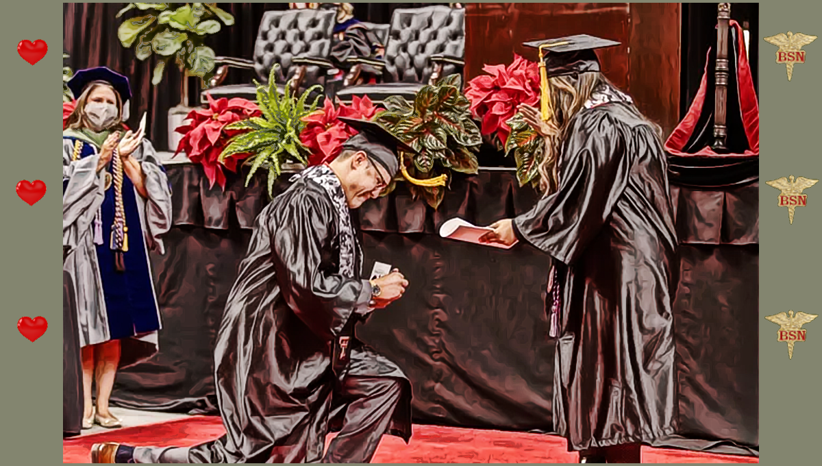 Vet Darvin Del Rio proposed to Leianne Maugeri at their BSN pinning ceremony.