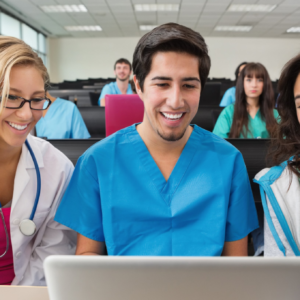 Nursing students look at a computer screen.