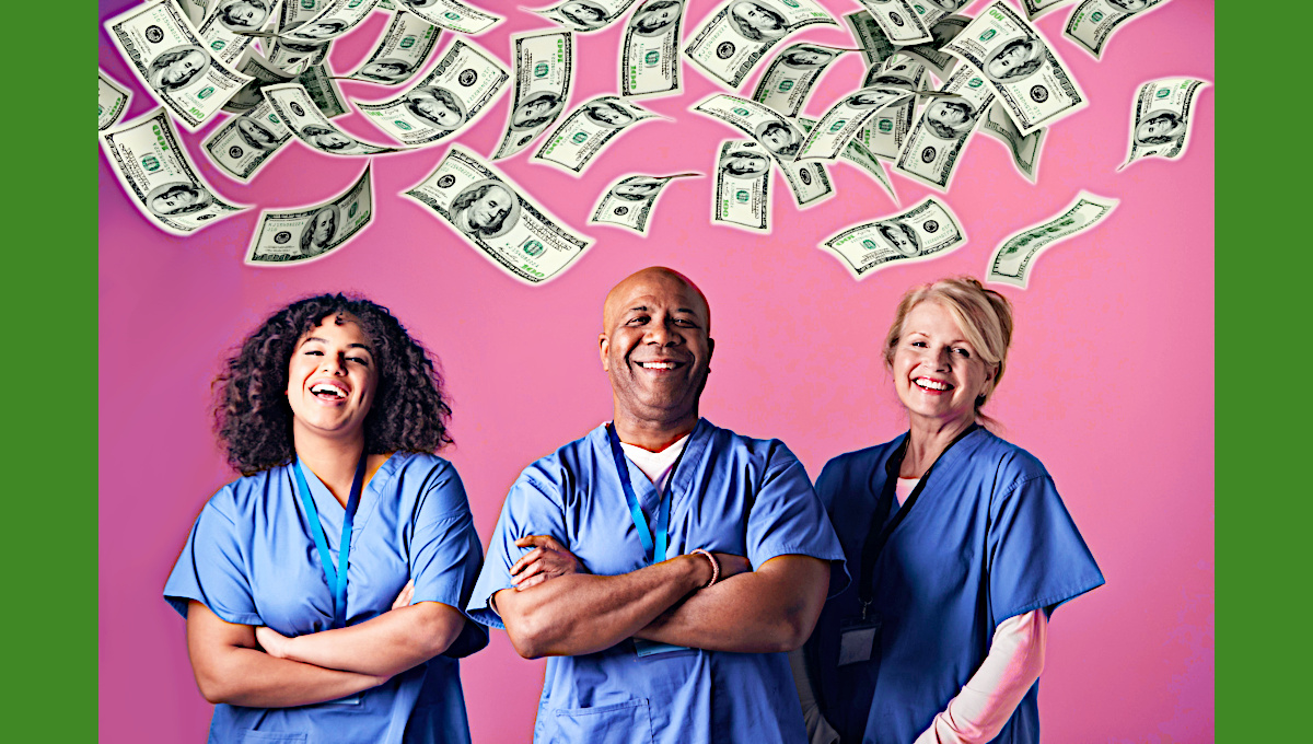 Nurse workforce under rain of $100 dollar bills.