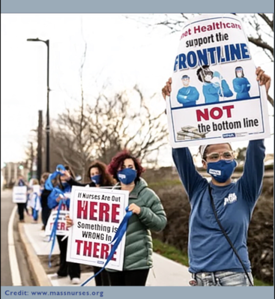 Nurses at strike at St Vincent Hospital, Massachusetts.