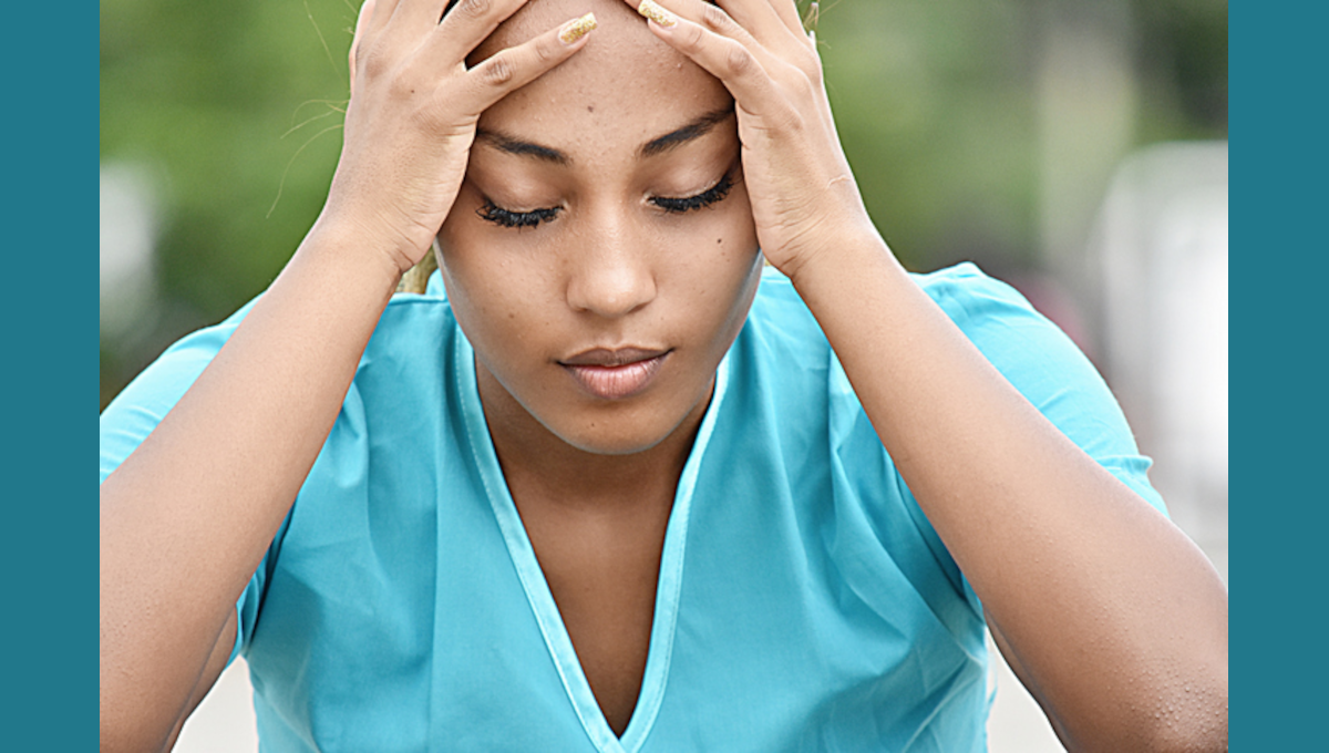 Exhausted young nurse. Gen Z nurses are struggling with stress and trauma.