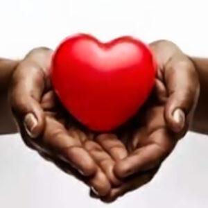 Transplant symbol: Black woman's hands holding a red heart