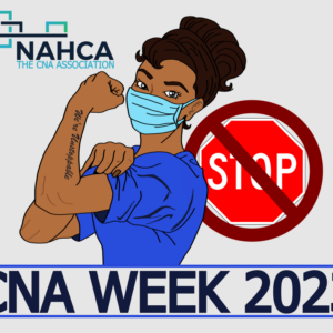 CNA Week image of nurse wearing a face mask and holding a strong arm motion