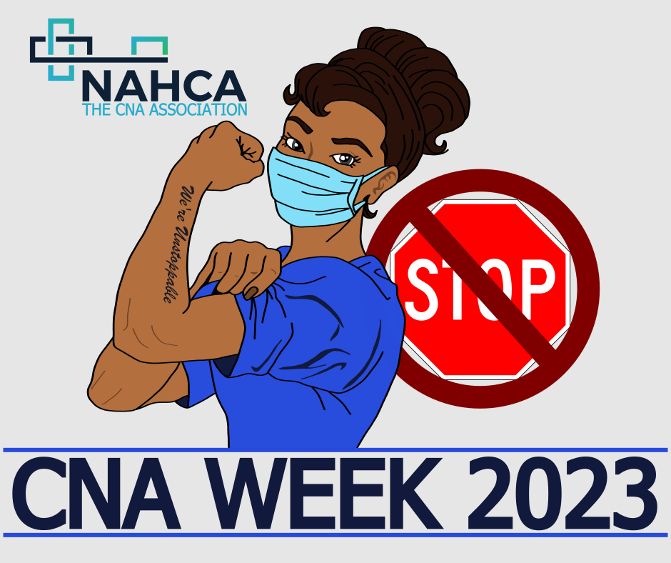 CNA Week image of nurse wearing a face mask and holding a strong arm motion
