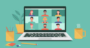 laptop graphic showing many people on a virtual conference screen